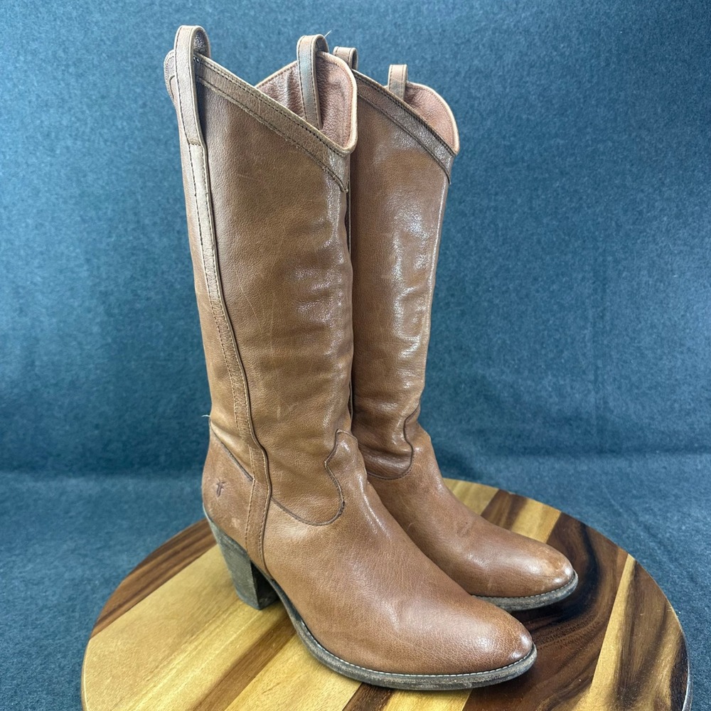 Frye Taylor Pull On Tan Leather Western Tall Boots Pointed Toe Womens Size 10B - Picture 2 of 11